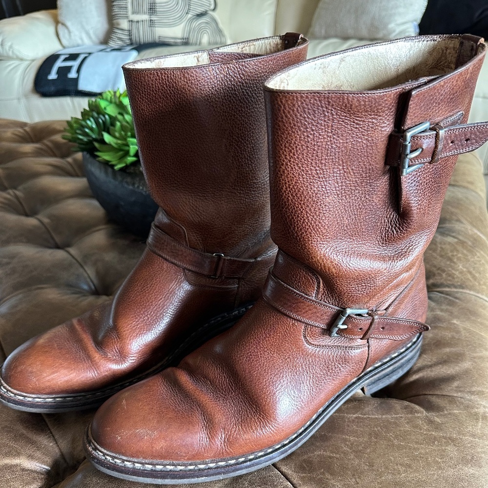 HESCHUNG - Brown Pebble Grain buckle Moto boot - Size 11